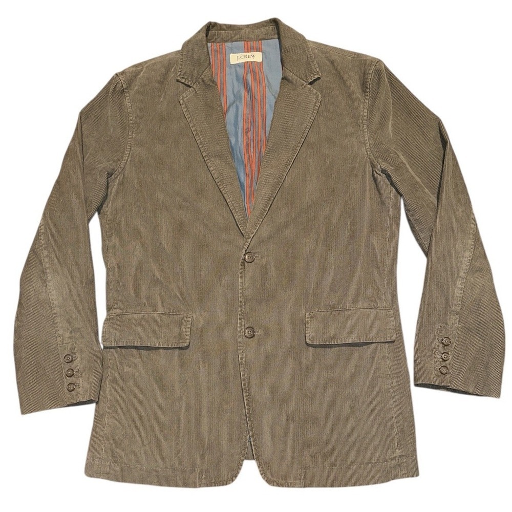 VTG J.Crew Corduroy Blazer Jacket Mens S-M Beige 2 Button Striped Lining Casual